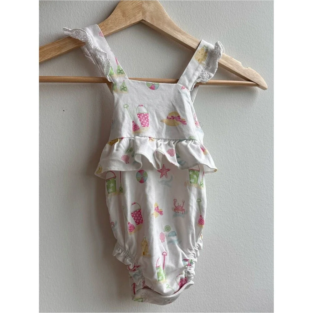 Baby Summer Romper with Beach Print - White